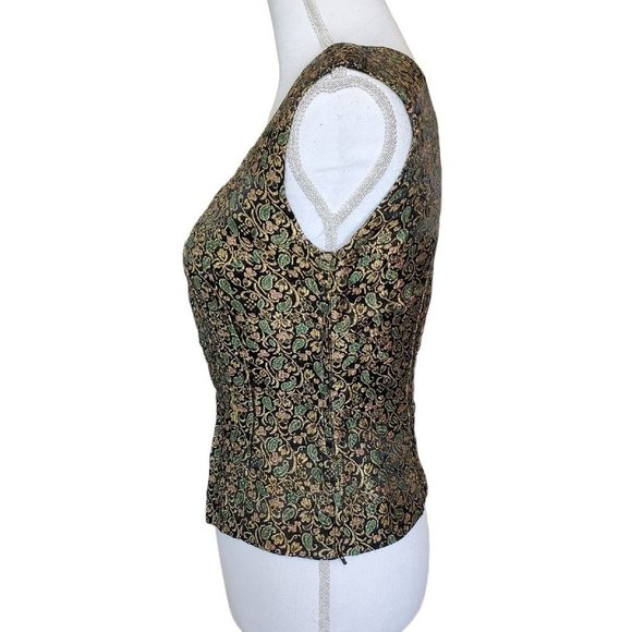 Vintage 40s Green Floral Metallic Sleeveless Top Side Zip‎ Gold Black XS/S - Picture 5 of 8